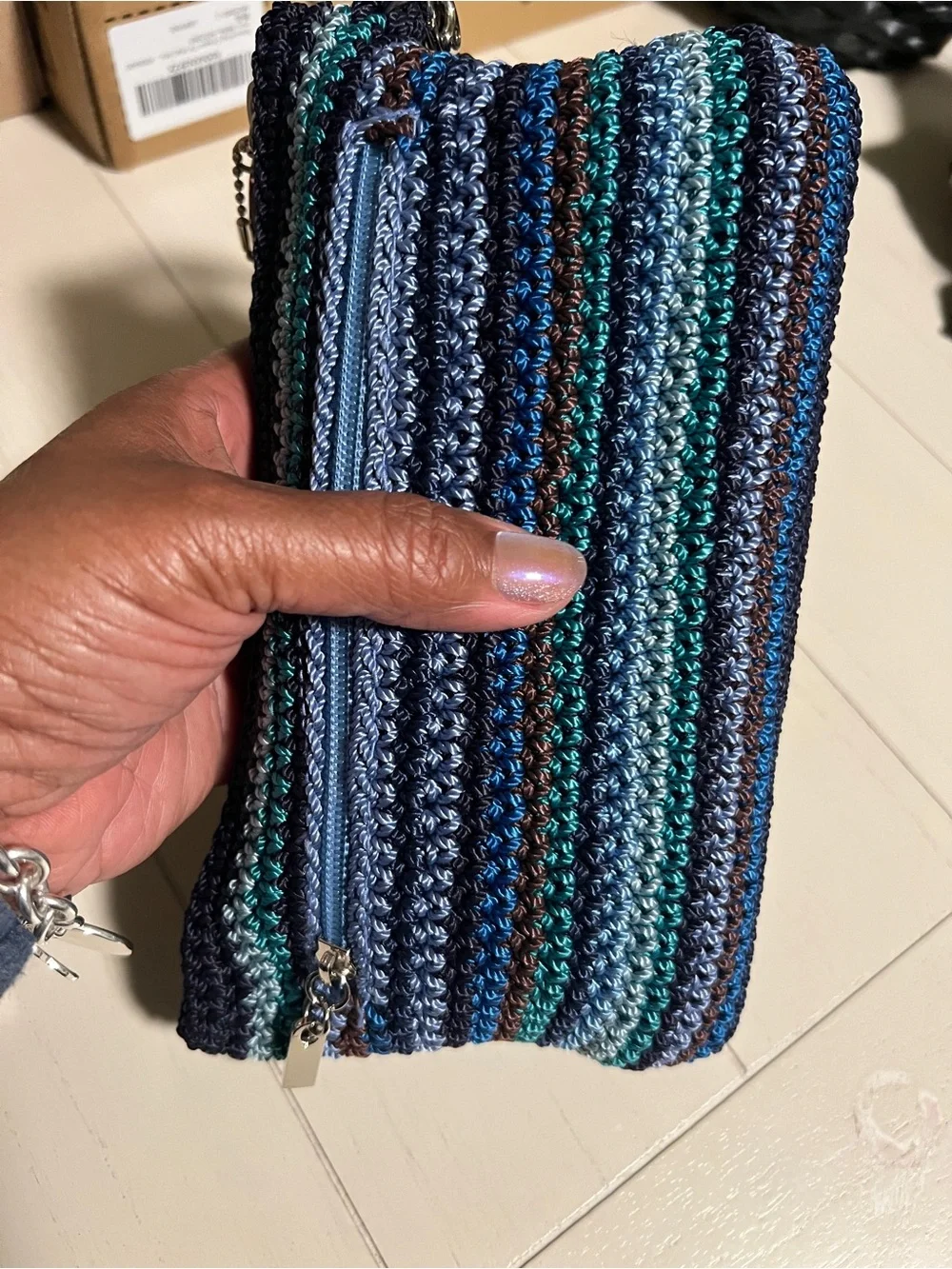 SAK Handcrafted Blue Striped Crochet Cosmetic Pouch